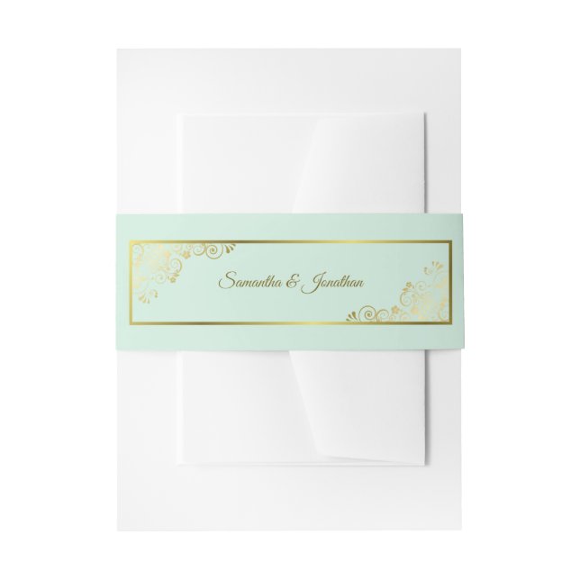Elegant Golden Curls & Swirls Mint Green Wedding Invitation Belly Band (Front Example)