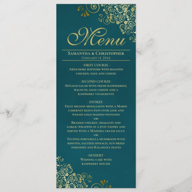 Elegant Golden Curls & Swirls on Teal Wedding Menu (Front)