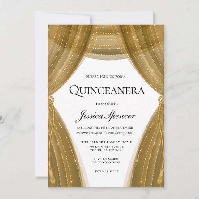 Elegant Golden Curtain Modern Quinceanera Party Invitation (Front)