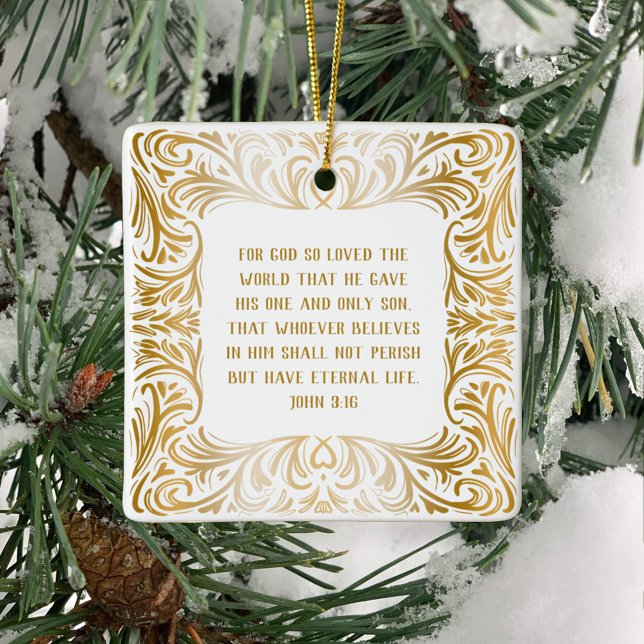 Elegant Golden Custom John 3:16 Bible Christmas   Ceramic Ornament (Create a beautiful Christmas ornament gift with personal message on back of John 3:16 Bible Verse.)