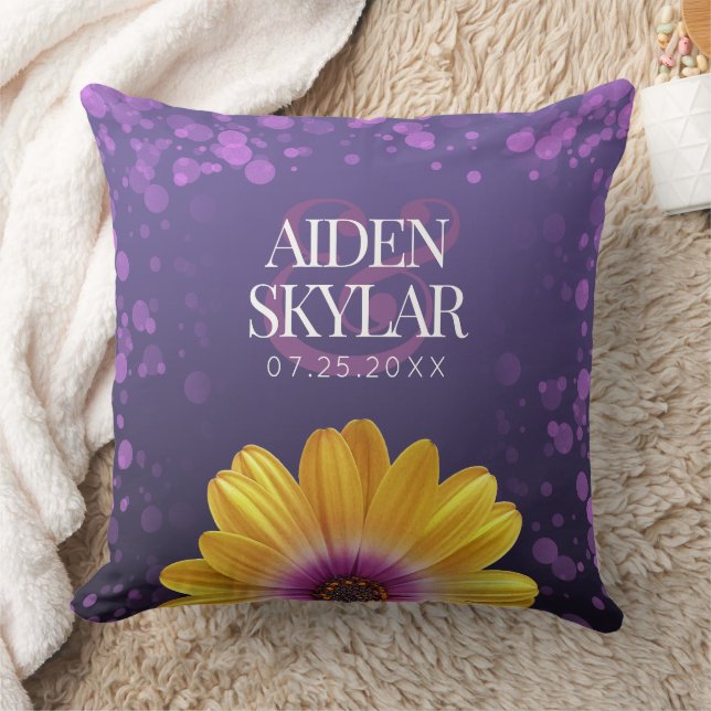 Elegant Golden Daisies with Purple Glitter Wedding Cushion (Blanket)