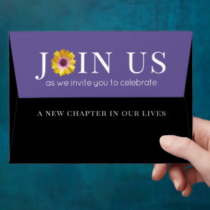 Elegant Golden Daisies with Purple Glitter Wedding Envelope