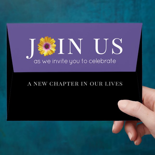 Elegant Golden Daisies with Purple Glitter Wedding Envelope (Hand)