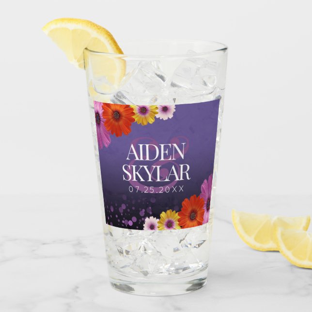 Elegant Golden Daisies with Purple Glitter Wedding Glass (Front Ice)