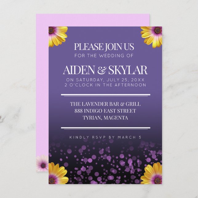 Elegant Golden Daisies with Purple Glitter Wedding Invitation (Front/Back)