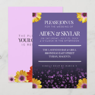 Elegant Golden Daisies with Purple Glitter Wedding Invitation