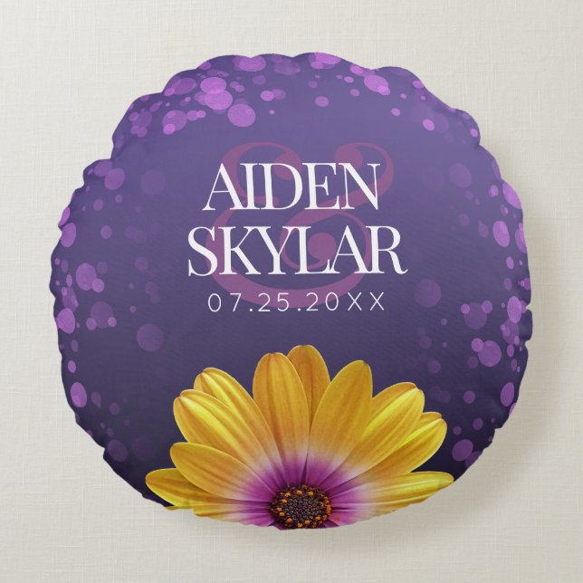 Elegant Golden Daisies with Purple Glitter Wedding Round Cushion (Front)