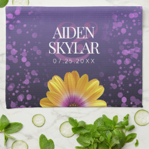 Elegant Golden Daisies with Purple Glitter Wedding Tea Towel