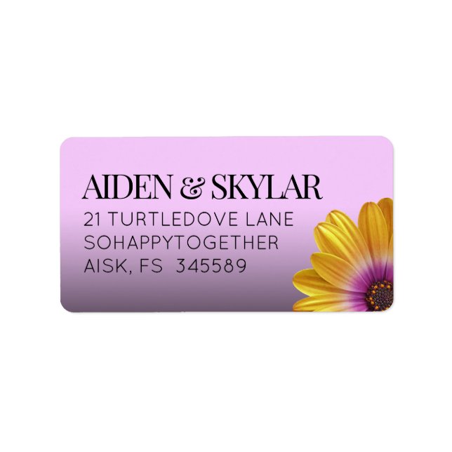 Elegant Golden Daisy on Light Purple Wedding Label (Front)