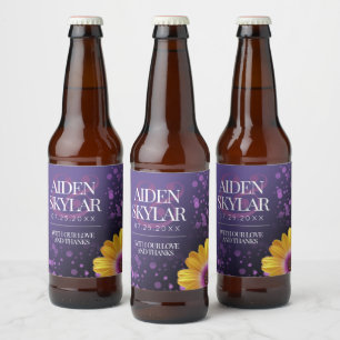 Elegant Golden Daisy with Purple Glitter Wedding Beer Bottle Label