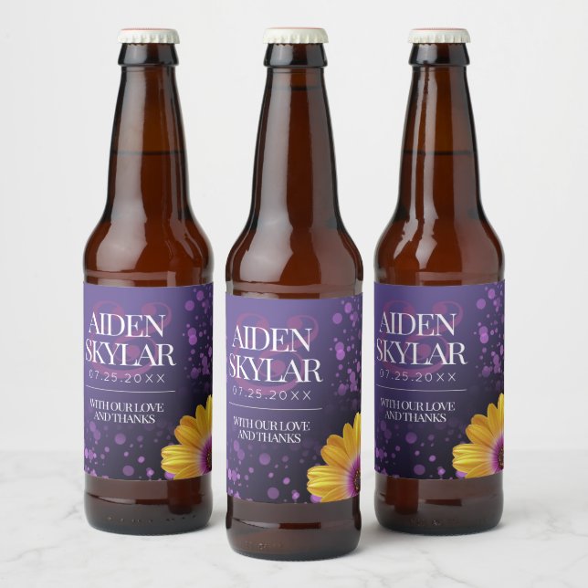 Elegant Golden Daisy with Purple Glitter Wedding Beer Bottle Label (Bottles)