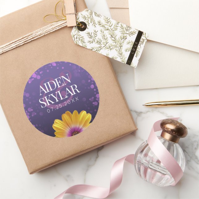 Elegant Golden Daisy with Purple Glitter Wedding Classic Round Sticker (Gifting)