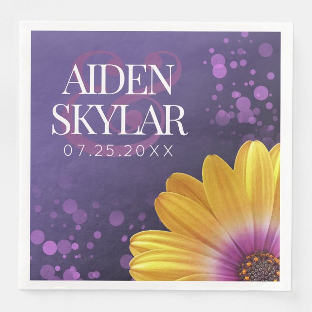 Elegant Golden Daisy with Purple Glitter Wedding Napkin (Front)