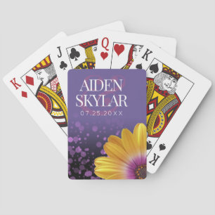 Elegant Golden Daisy with Purple Glitter Wedding Playing Cards
