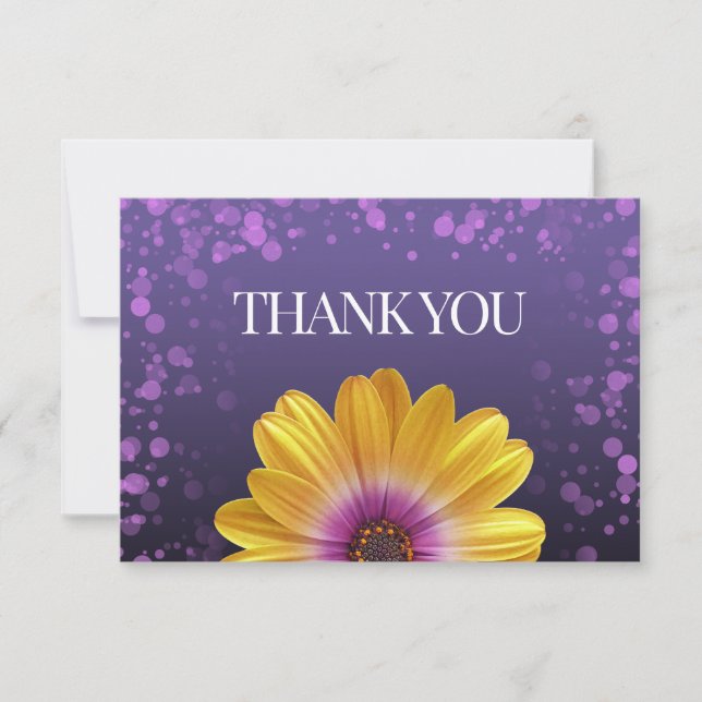 Elegant Golden Daisy with Purple Glitter Wedding Thank You Card (Front)