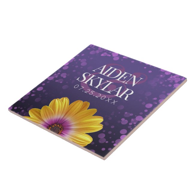 Elegant Golden Daisy with Purple Glitter Wedding Tile (Side)