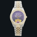 Elegant Golden Daisy with Purple Glitter Wedding Watch<br><div class="desc">Commemorate your special day with this stylish floral-themed wedding wristwatch,  which features elegant white lettering with lavender purple confetti and a golden African daisy on a violet purple to black background. Add newlyweds' names and wedding date. 

Design © W.H. Sim. See more at zazzle.com/expressionsoccasions</div>