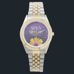 Elegant Golden Daisy with Purple Glitter Wedding Watch<br><div class="desc">Commemorate your special day with this stylish floral-themed wedding wristwatch, which features elegant white lettering with lavender purple confetti and a golden African daisy on a violet purple to black background. Add newlyweds' names and wedding date.
Design © W.H. Sim. See more at zazzle.com/expressionsoccasions</div>