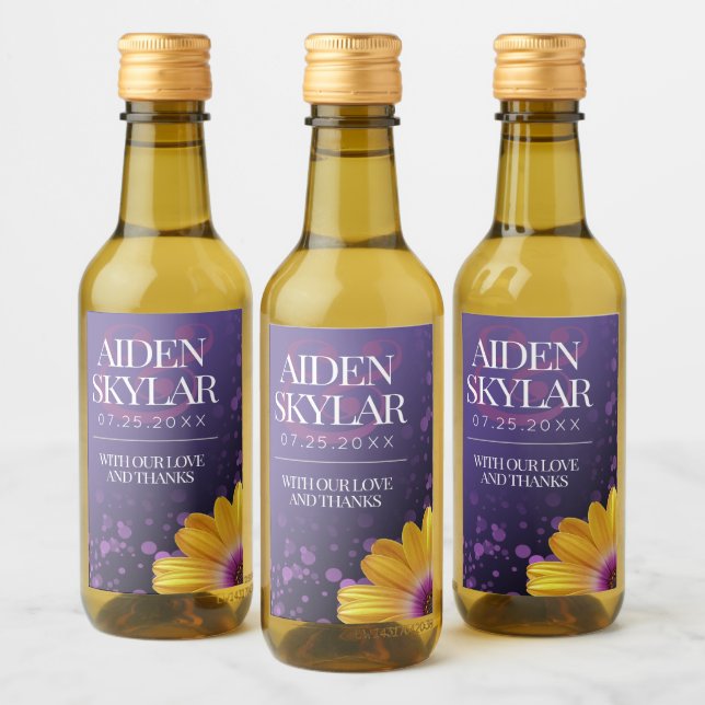 Elegant Golden Daisy with Purple Glitter Wedding Wine Label (Bottles)