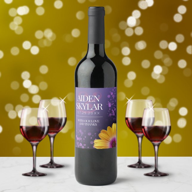 Elegant Golden Daisy with Purple Glitter Wedding Wine Label (Creator Uploaded)