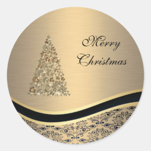 Elegant golden damask Christmas tree winter Classic Round Sticker