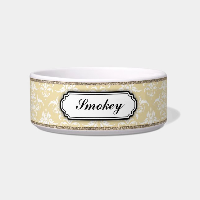 Elegant Golden Damask Name Bowl (Front)