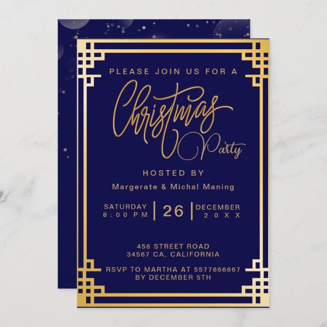 Elegant Golden Decorations and Glitter Christmas Invitation (Front/Back)