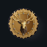 Elegant Golden Deer Emblem with Ornate Frame 3 Cm Round Badge<br><div class="desc">Golden sculpture of a deer's head inside a decorative circular frame with intricate details,  emphasising luxury,  elegance,  and traditional artistry on a dark background,  suitable for design and decorative themes.</div>