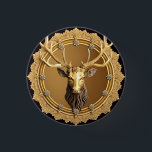 Elegant Golden Deer Emblem with Ornate Frame 3 Cm Round Badge<br><div class="desc">Golden sculpture of a deer's head inside a decorative circular frame with intricate details,  emphasising luxury,  elegance,  and traditional artistry on a dark background,  suitable for design and decorative themes.</div>