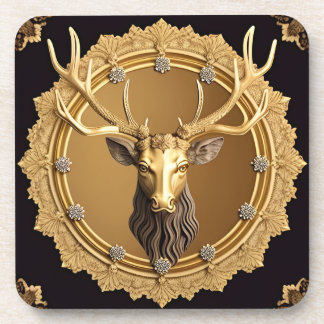 Elegant Golden Deer Emblem with Ornate Frame Coaster