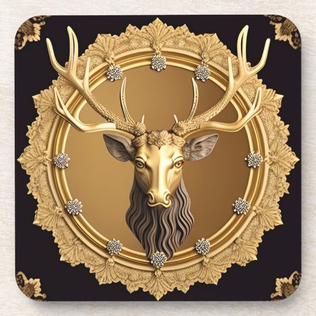 Elegant Golden Deer Emblem with Ornate Frame Coaster (Front)