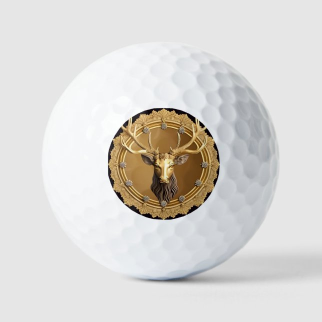 Elegant Golden Deer Emblem with Ornate Frame Golf Balls (Front)