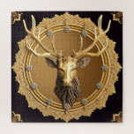 Elegant Golden Deer Emblem with Ornate Frame Jigsaw Puzzle<br><div class="desc">Golden sculpture of a deer's head inside a decorative circular frame with intricate details,  emphasising luxury,  elegance,  and traditional artistry on a dark background,  suitable for design and decorative themes.</div>