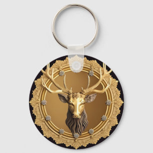 Elegant Golden Deer Emblem with Ornate Frame Key Ring