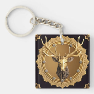 Elegant Golden Deer Emblem with Ornate Frame Key Ring