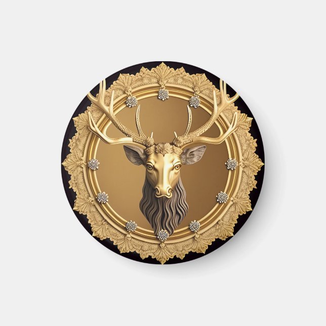 Elegant Golden Deer Emblem with Ornate Frame Magnet (Front)