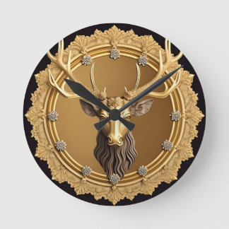 Elegant Golden Deer Emblem with Ornate Frame Round Clock