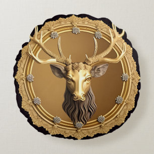 Elegant Golden Deer Emblem with Ornate Frame Round Cushion