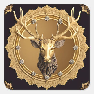 Elegant Golden Deer Emblem with Ornate Frame Square Sticker