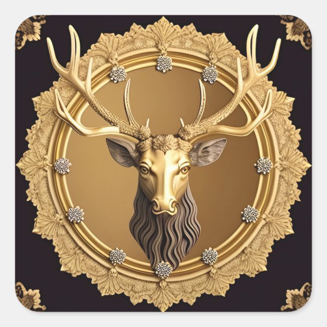 Elegant Golden Deer Emblem with Ornate Frame Square Sticker (Front)