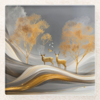 ✨Elegant Golden Deer Luxury Nature Artwork Glass Coaster
