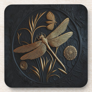 Elegant Golden Dragonfly in Bronze Filigree Coaster