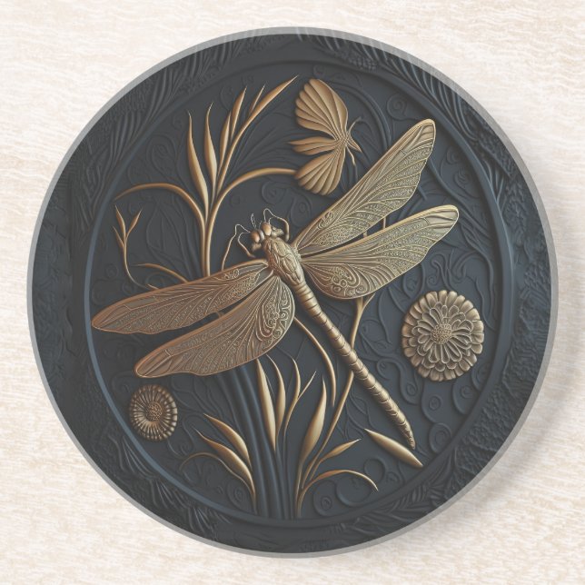 Elegant Golden Dragonfly in Bronze Filigree Coaster (Front)