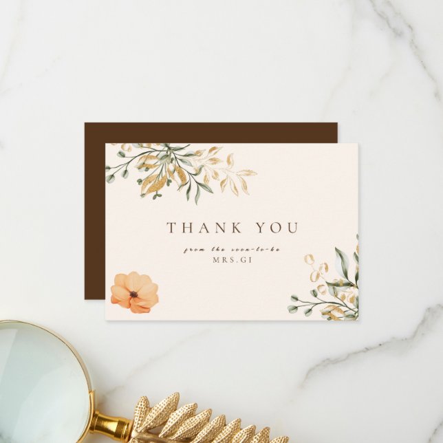 Elegant Golden Fall flower Bridal Shower Thank You Card (Front/Back In Situ)
