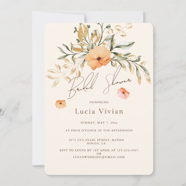 Elegant Golden Fall flowers Bridal Shower Invitation (Front)