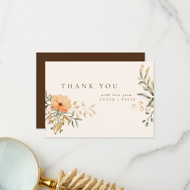 Elegant Golden Fall flowers Wedding Thank You Card (Front/Back In Situ)