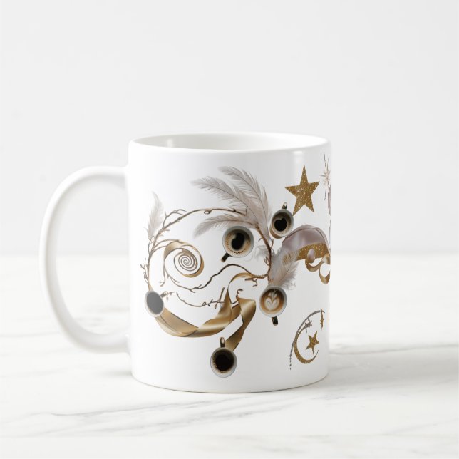 Elegant Golden Feather Swirl Coffee Art Classic Coffee Mug (Left)