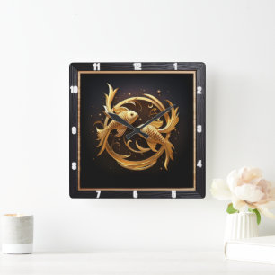 Elegant Golden Fish Square Wall Clock