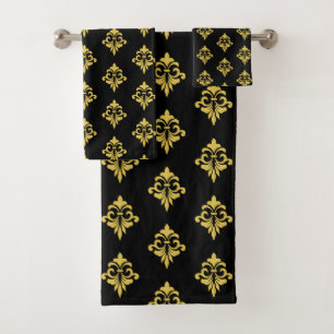 Elegant Golden Fleur de Lis on Black Bath Towel Set