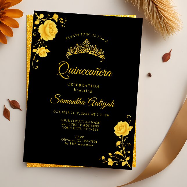 Elegant Golden Floral Black and Gold Quinceanera Invitation (Creator Uploaded)